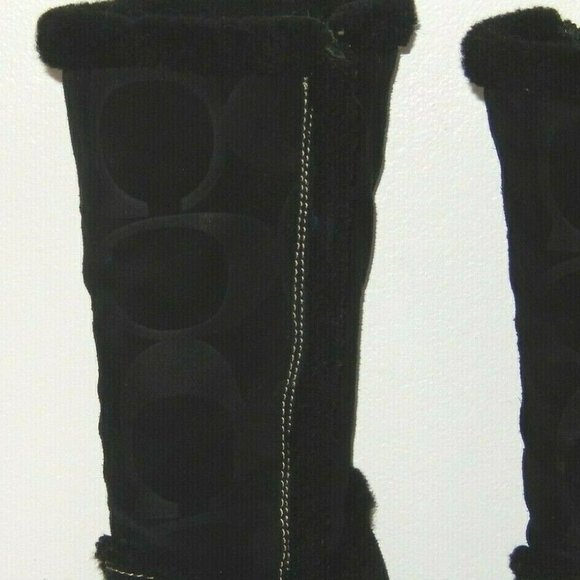 Coach Boots 6 Jordana Black Suede Signature Logo Shearling Trim Wedge Side Zip - Picture 2 of 11